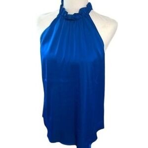 White House Black Market Lapis Blue Sleeveless Ruffle Neck Halter Blouse Size 2